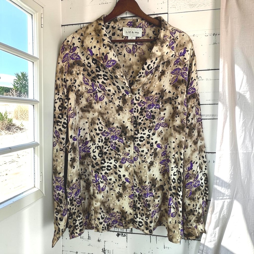 Vintage Leopard Button Down 24/3X Brown Purple 100% Silk Floral Animal Blouse